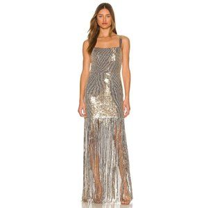 Bronx And Banco Cherie Sequin Fringe-Hem Maxi Dress in Gold Medium New